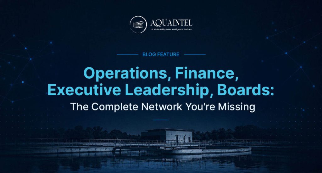 Water utility stakeholder mapping diagram showing complete buying network including operations staff, engineering leadership, finance directors, procurement, executive leadership, consulting engineers, and board members with influence relationships