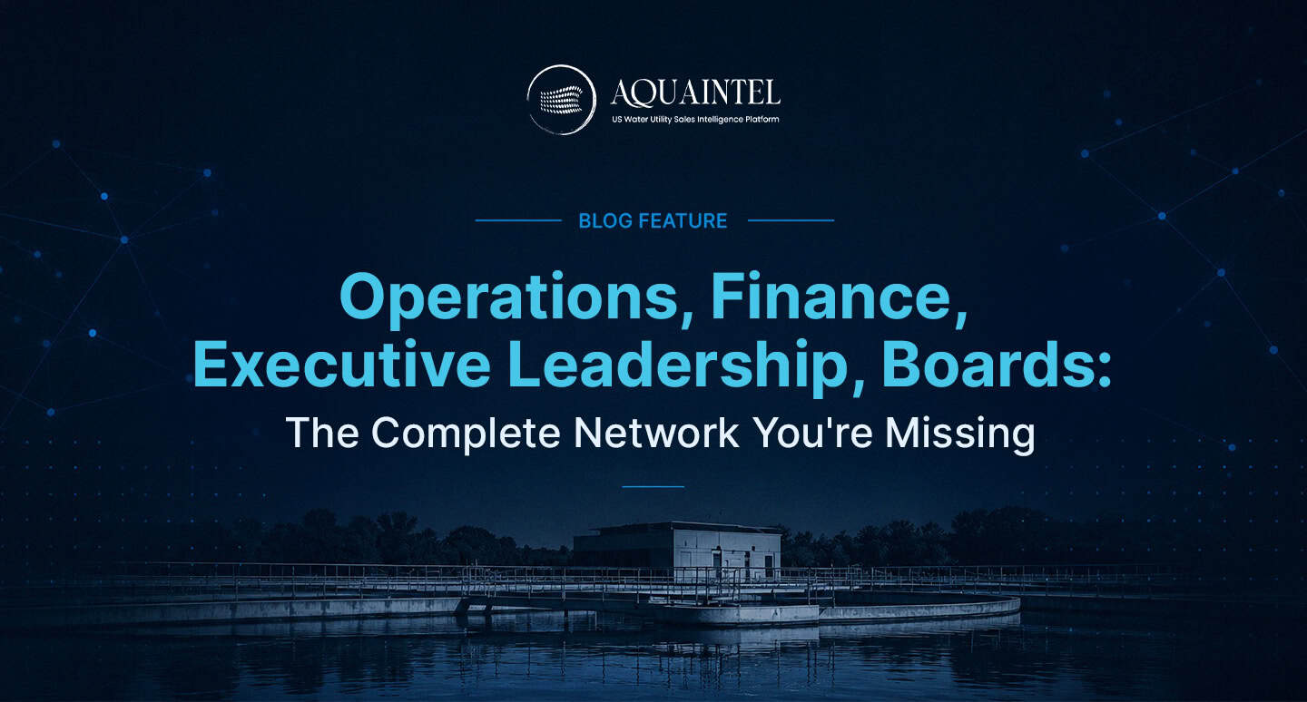 Water utility stakeholder mapping diagram showing complete buying network including operations staff, engineering leadership, finance directors, procurement, executive leadership, consulting engineers, and board members with influence relationships