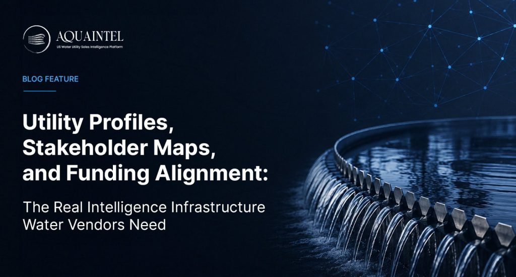Dashboard visualization of a water utility market intelligence platform showing utility profiles, stakeholder decision maps, SRF funding cycle alignment, and capital improvement plan tracking for infrastructure vendors