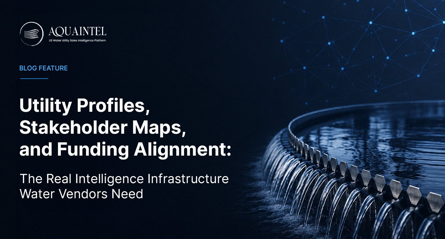 Dashboard visualization of a water utility market intelligence platform showing utility profiles, stakeholder decision maps, SRF funding cycle alignment, and capital improvement plan tracking for infrastructure vendors