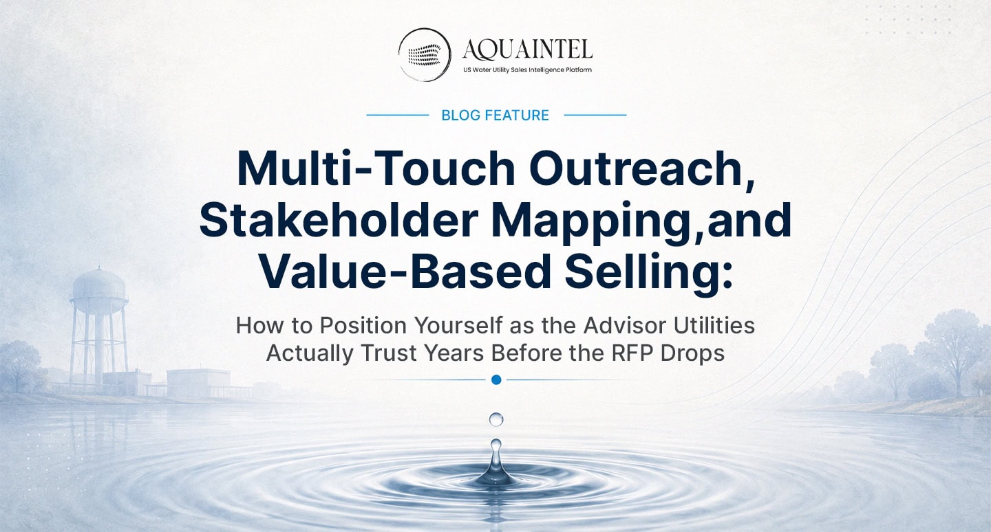 Five step early engagement strategy diagram for water utility sales showing signal verification, stakeholder mapping, opportunity qualification, educational selling, and multi touch outreach