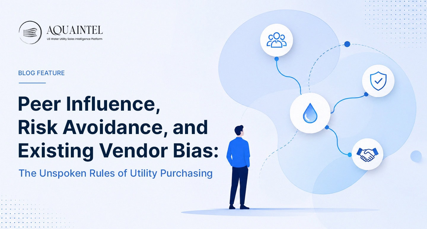 Diagram illustrating hidden water utility vendor selection criteria including incumbent vendor bias, peer utility influence, and risk avoidance culture that determine procurement outcomes beyond technical specifications