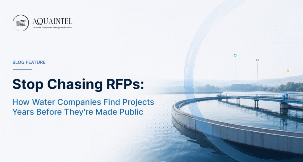 Timeline diagram showing predictive intelligence approach to water utility sales — identifying capital projects 3 7 years before RFP publication through CIP analysis, SRF funding signals, regulatory mandates, and board meeting intelligence