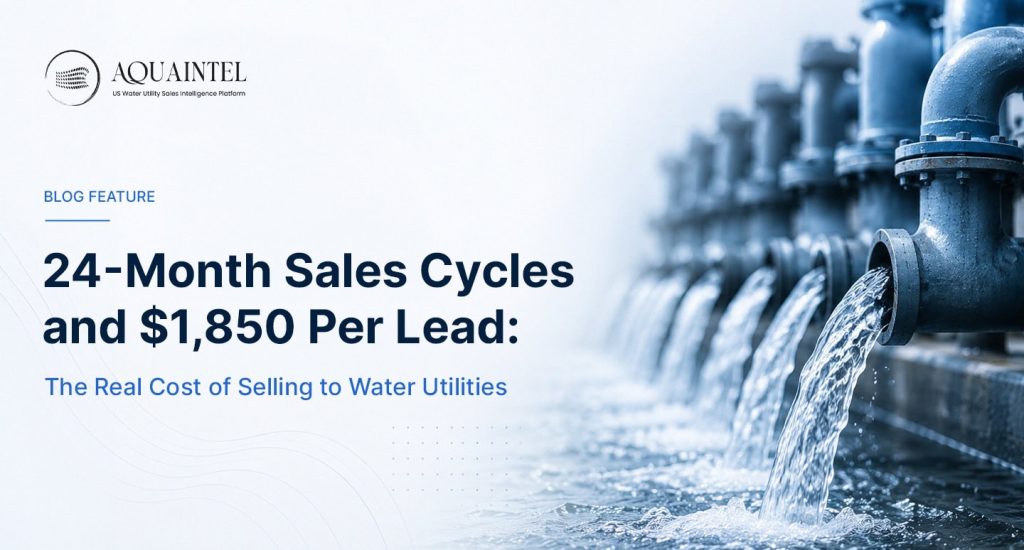 Water utility infrastructure image illustrating the high cost of utility sales, featuring industrial water pipes and the headline '24 Month Sales Cycles and $1,850 Per Lead: The Real Cost of Selling to Water Utilities '
