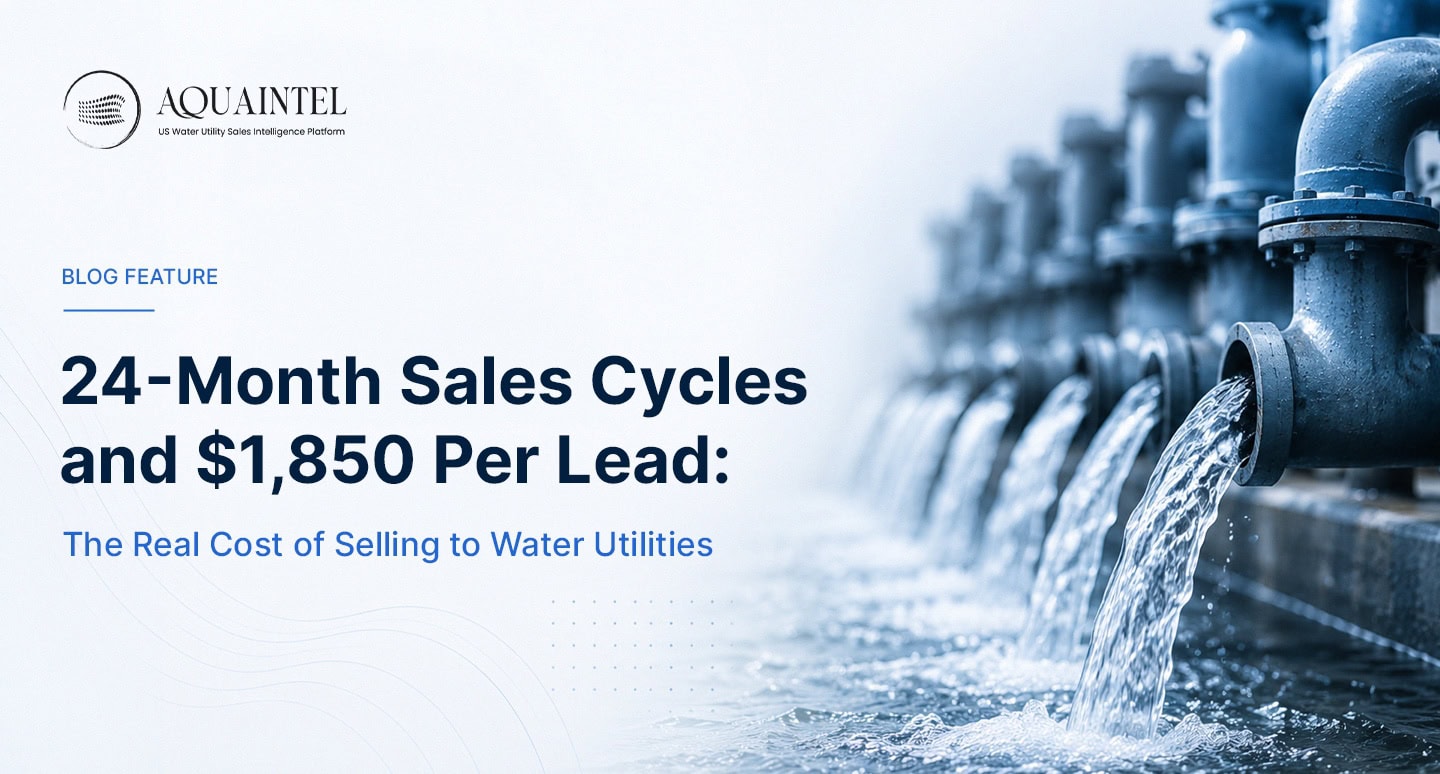 Water utility infrastructure image illustrating the high cost of utility sales, featuring industrial water pipes and the headline '24 Month Sales Cycles and $1,850 Per Lead: The Real Cost of Selling to Water Utilities '