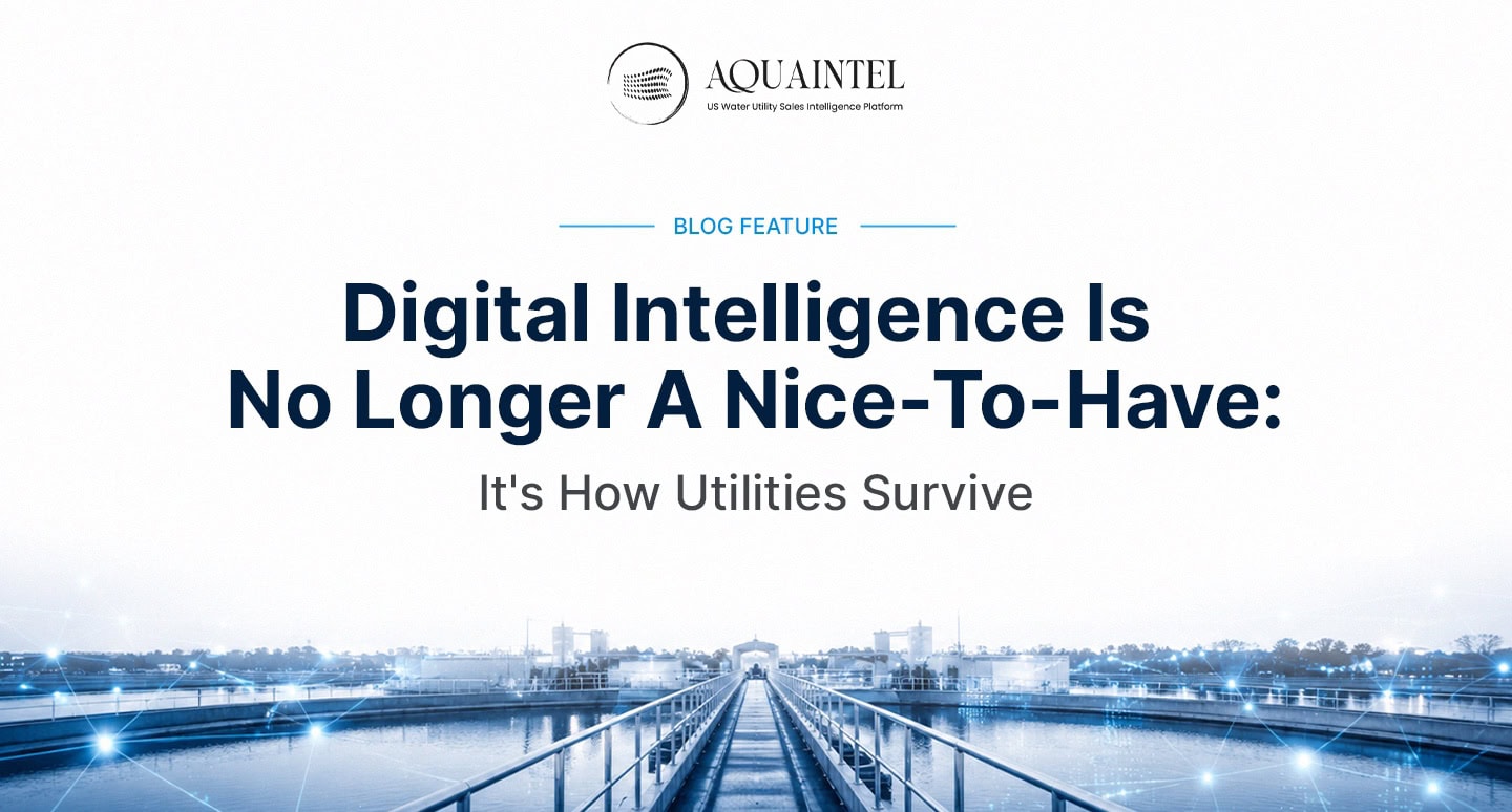 Digital intelligence in water utilities infographic showing a connected water treatment facility, illustrating how AI driven utility intelligence, predictive analytics, and digital infrastructure improve operational resilience and decision making 