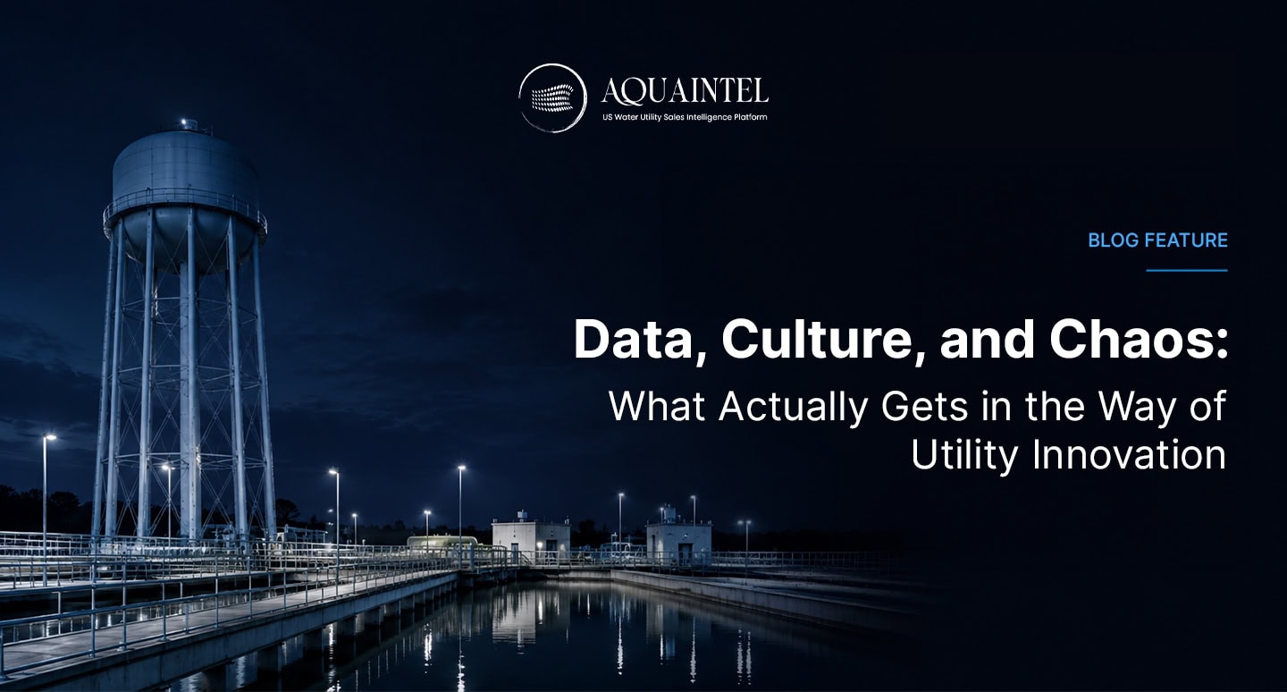 Water utility facility at night illustrating data, operational complexity, and organizational barriers affecting digital transformation and innovation in modern utilities 
