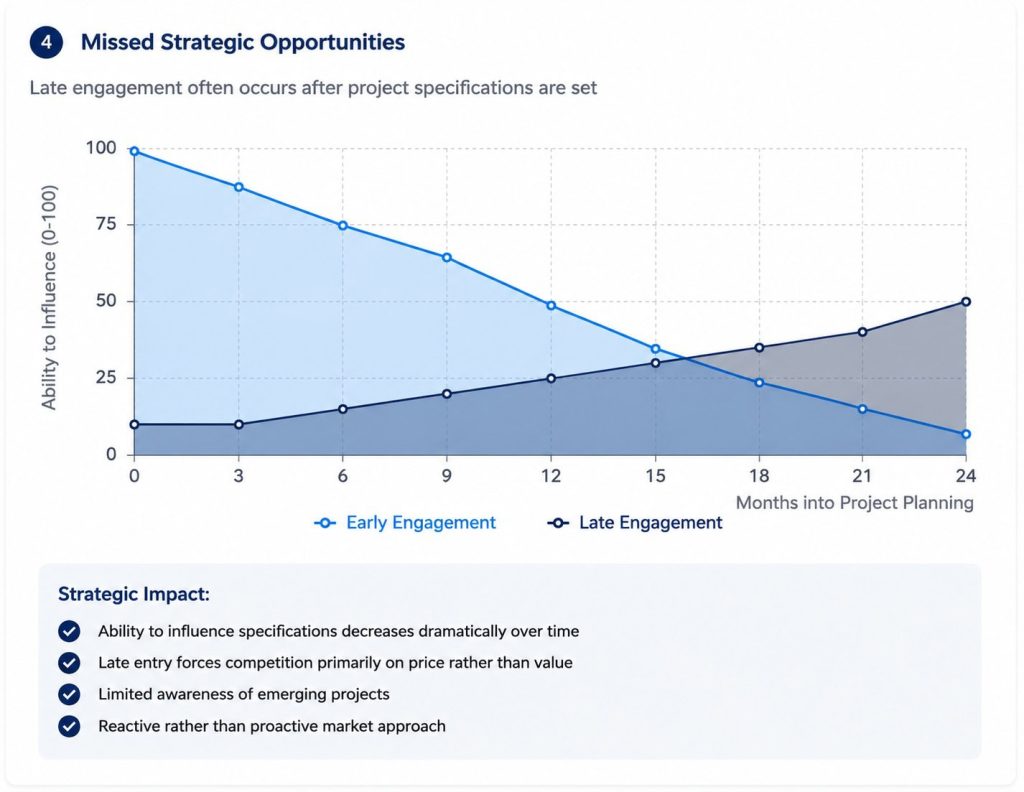 Pipeline visibility chart showing how early engagement increases influence over water utility project specifications while late engagement reduces strategic positioning and competitive advantage.